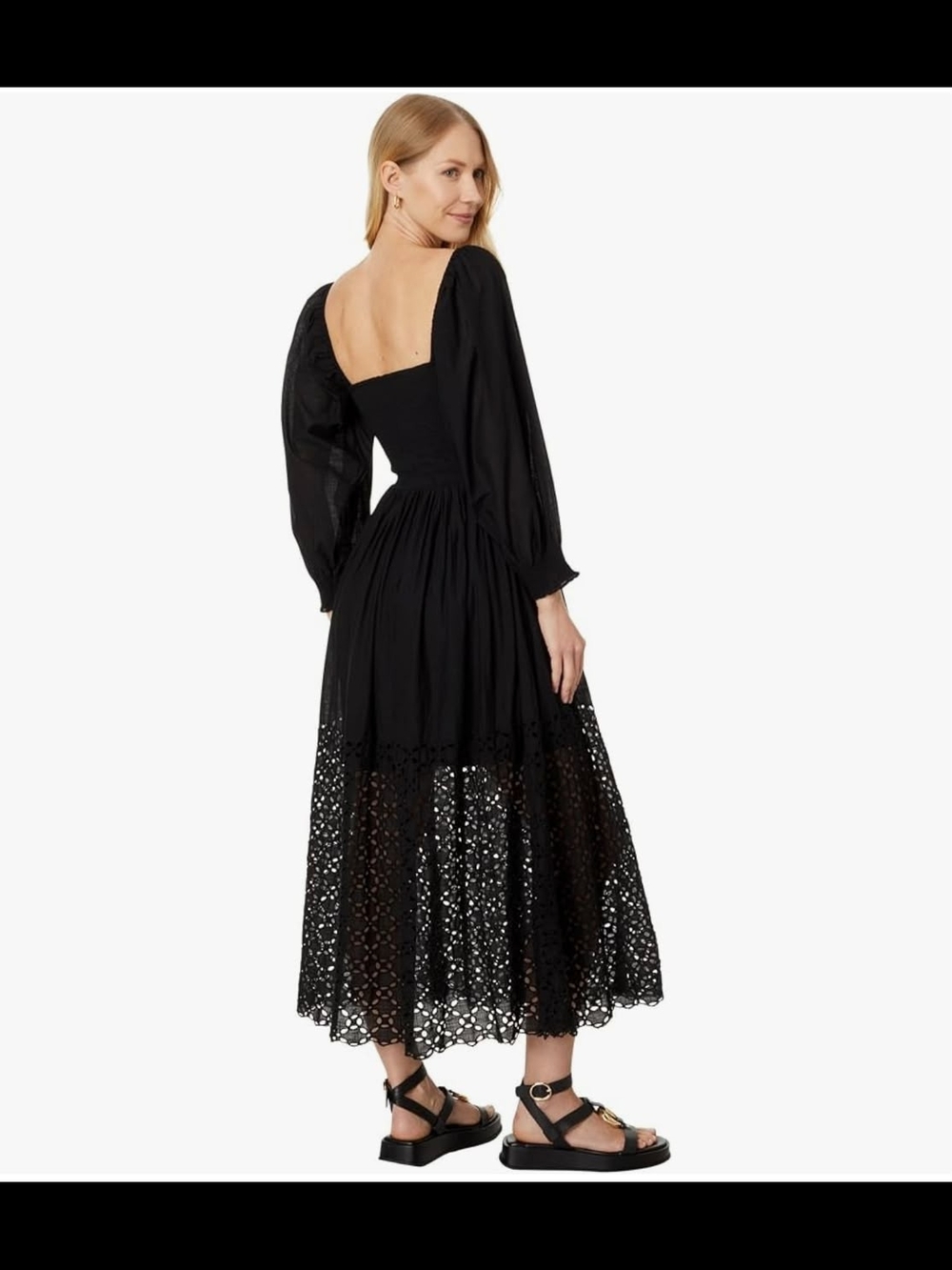 Free People Black Square-Neck Eyelet Maxi Dress with Puff Sleeves Size S - Picture 3 of 9
